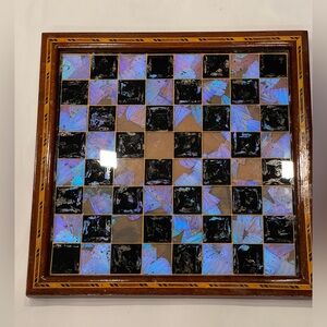 Vintage Chess Checker Board Rare Butterfly Wing Artwork Real inlaid wood BRAZIL